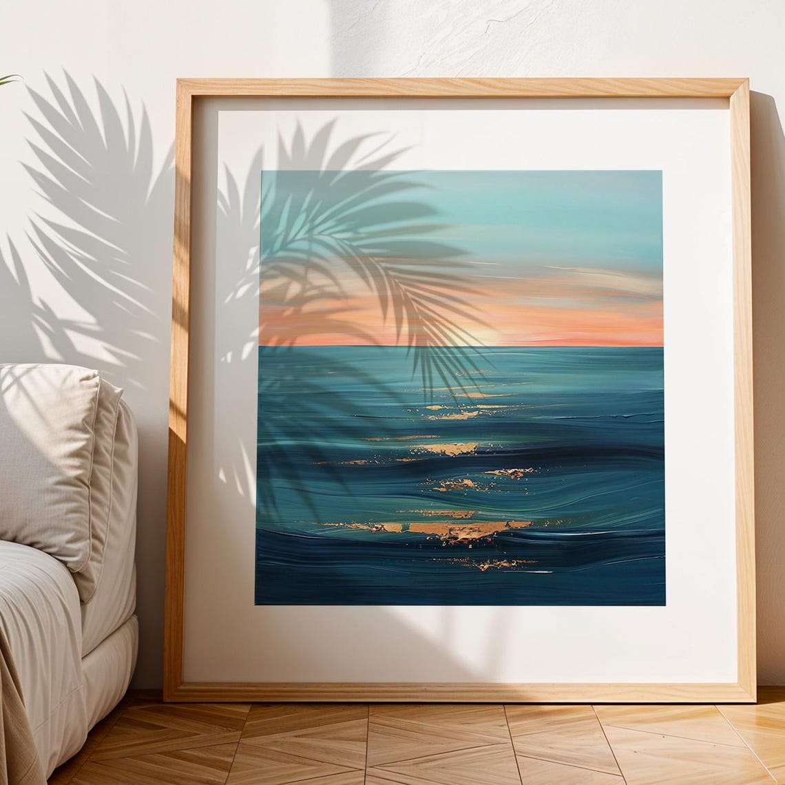 Coastal Ocean Sunset Waves Palm Shadow Teal Abstract Seascape Wall Art