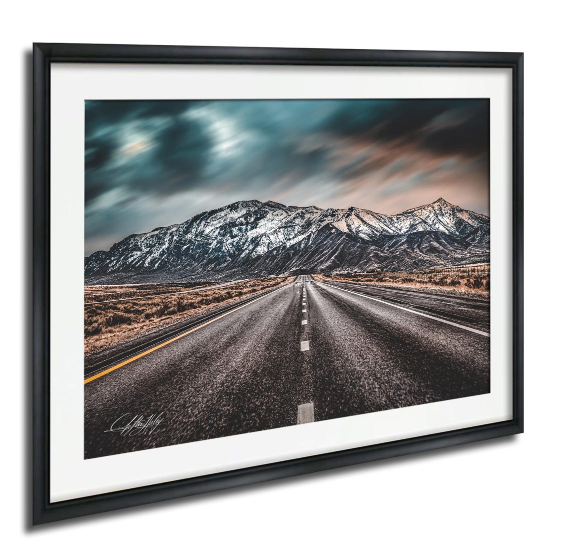 Empty Desert Highway Snow Capped Mountain Peaks Dramatic Sky Poster