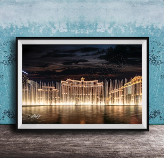 Bellagio Fountain Water Show Las Vegas Night Skyline Photo Print