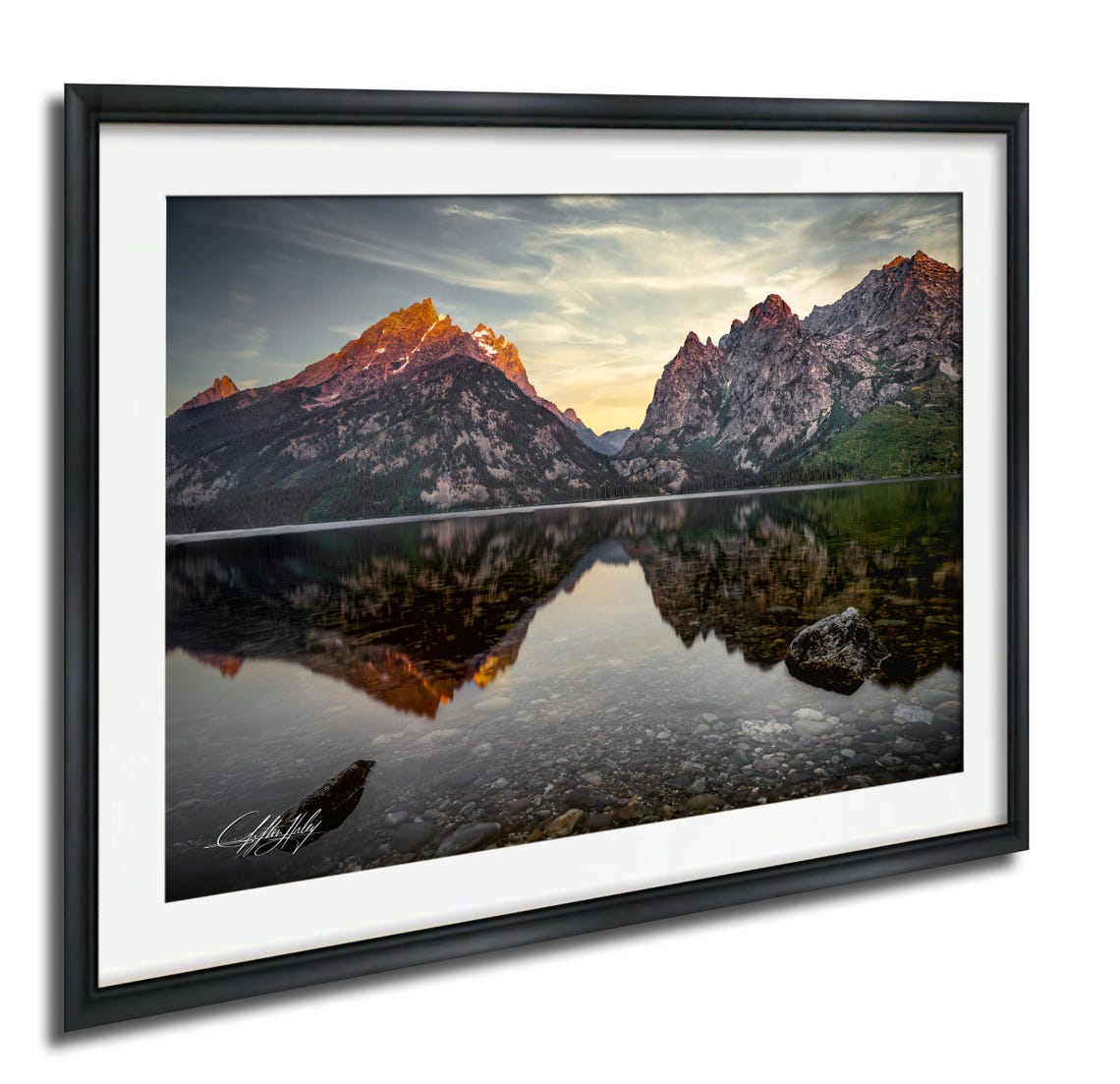 Jagged Peaks Mirrored in a Still Lake at Sunrise Photo Poster