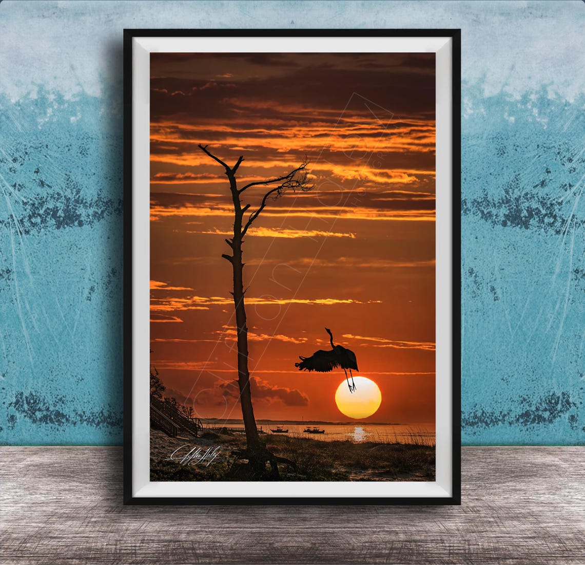 Great Blue Heron Sunset Silhouette Golden Beach Coastal Wall Art