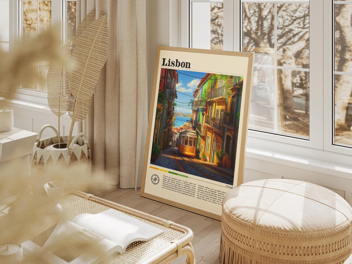 Lisbon Portugal Yellow Tram on Cobbled Street Vintage Travel Poster - Image 6
