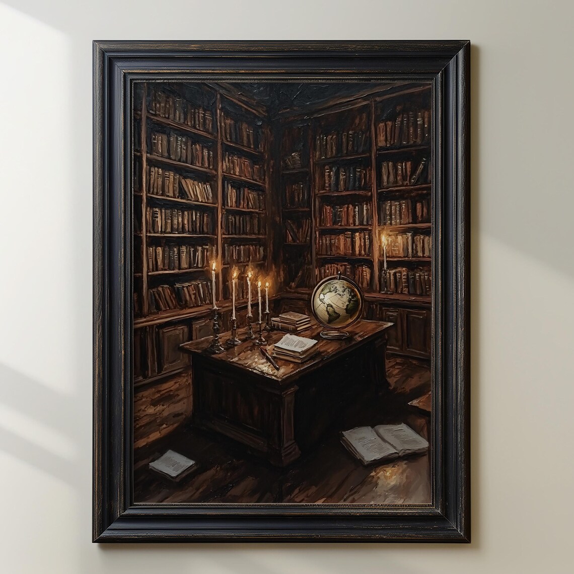 Candlelit Vintage Library With Globe Dark Academia Study Scene Poster