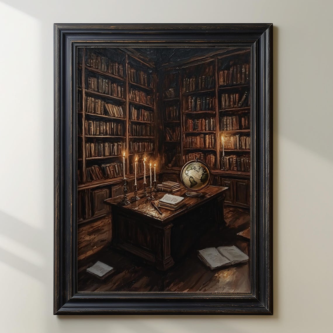 Vintage Library Art Print Dark Academia Art Style Candlelit Room Artwork Antique Book Decor Study Room Wall Art Globe And Books