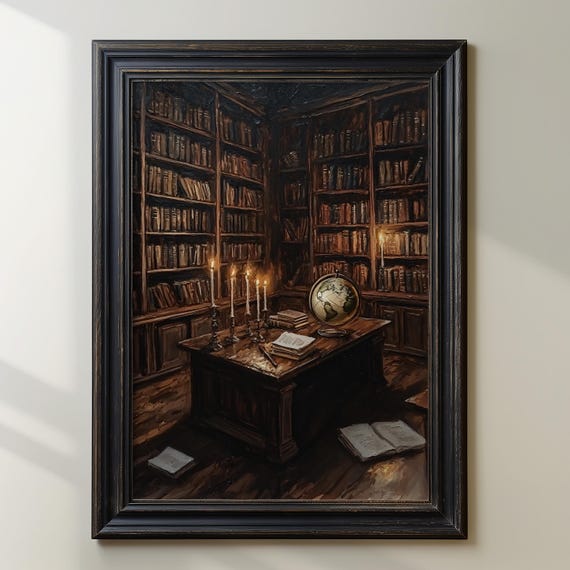 Vintage Library Art Print Dark Academia Art Style Candlelit Room Artwork Antique Book Decor Study Room Wall Art Globe And Books