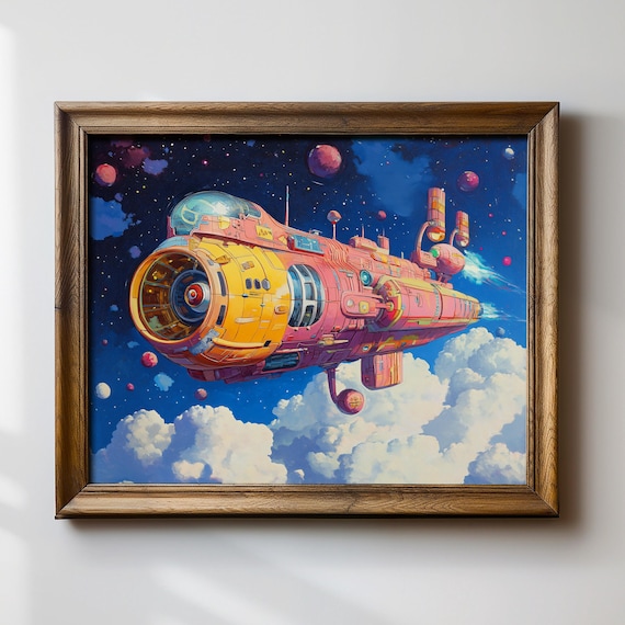 Colorful Retro Rocket Ship Soaring Through Clouds Space Poster