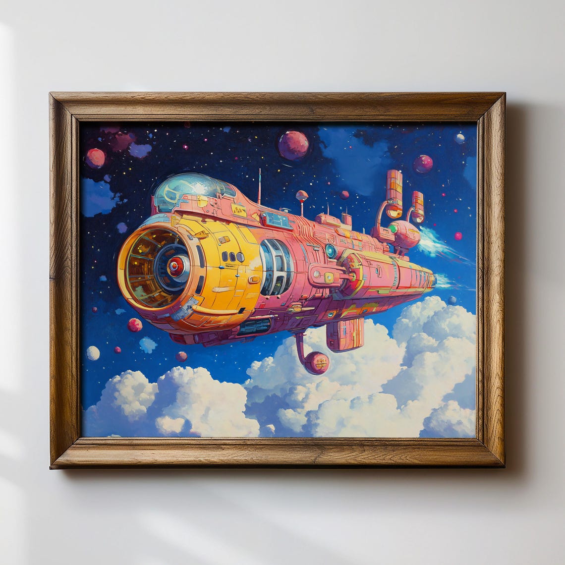 Colorful Retro Rocket Ship Soaring Through Clouds Space Poster