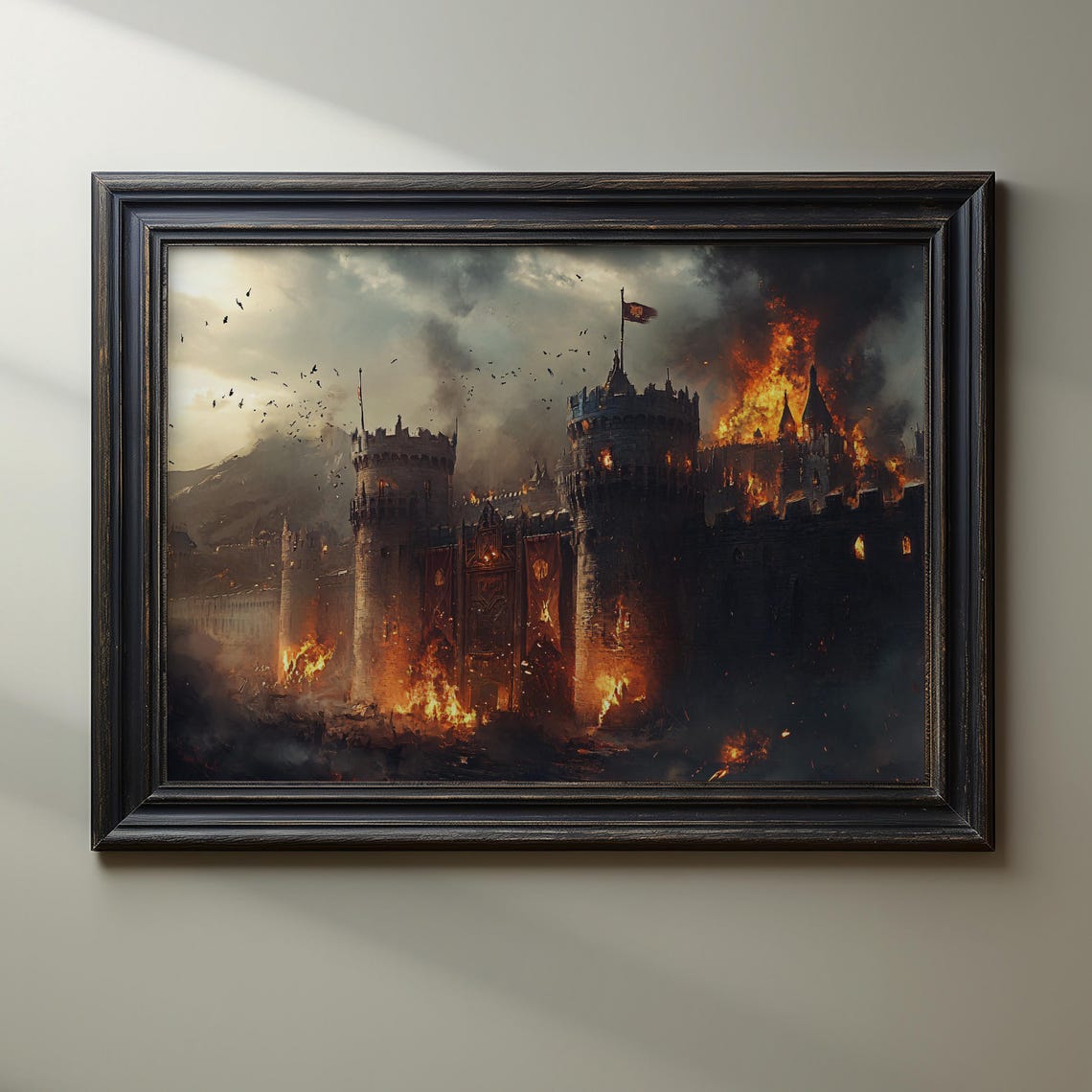 Epic Medieval Castle Under Siege Dramatic Fantasy Art Print Burning Fortress Wall Decor Fantasy Battle Scene Dark Medieval Artwork - Image 3