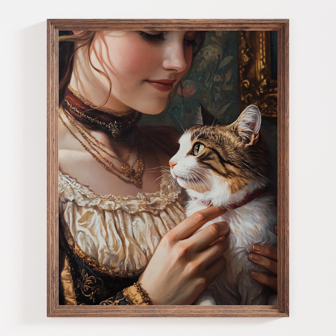 Victorian Woman in a Lace Dress Holding a Tabby Cat Art Poster