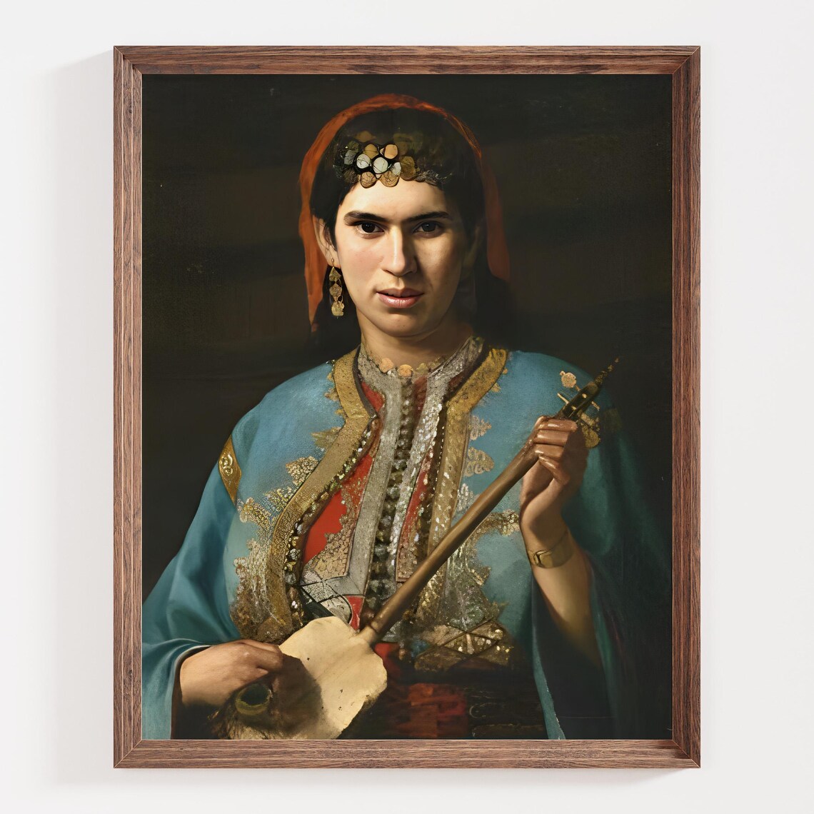 Eastern Woman with Lute in Blue Embroidered Robe Portrait Poster