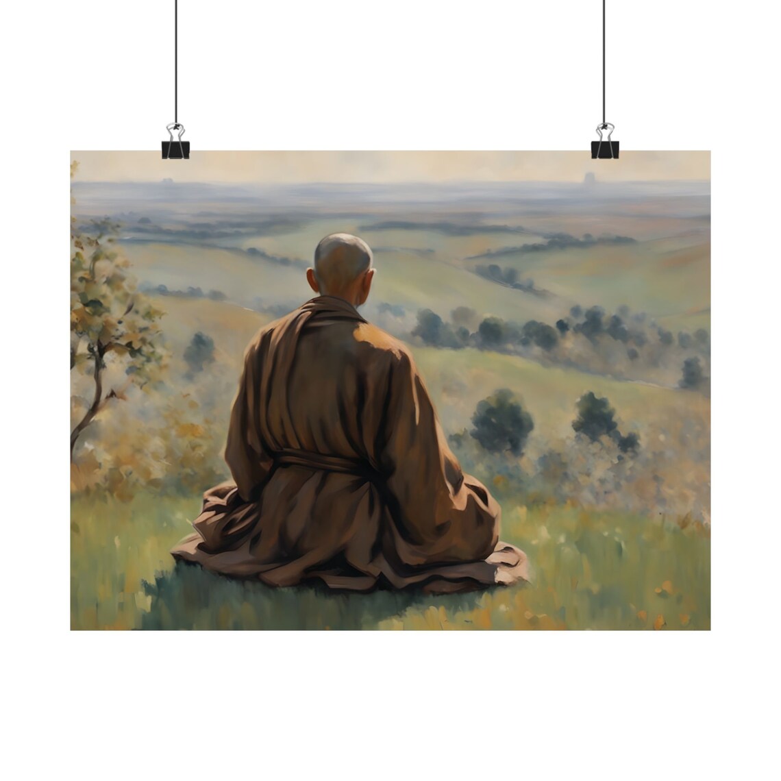 Meditating Monk Overlooking a Vast Green Valley from a Hill Poster - Image 2