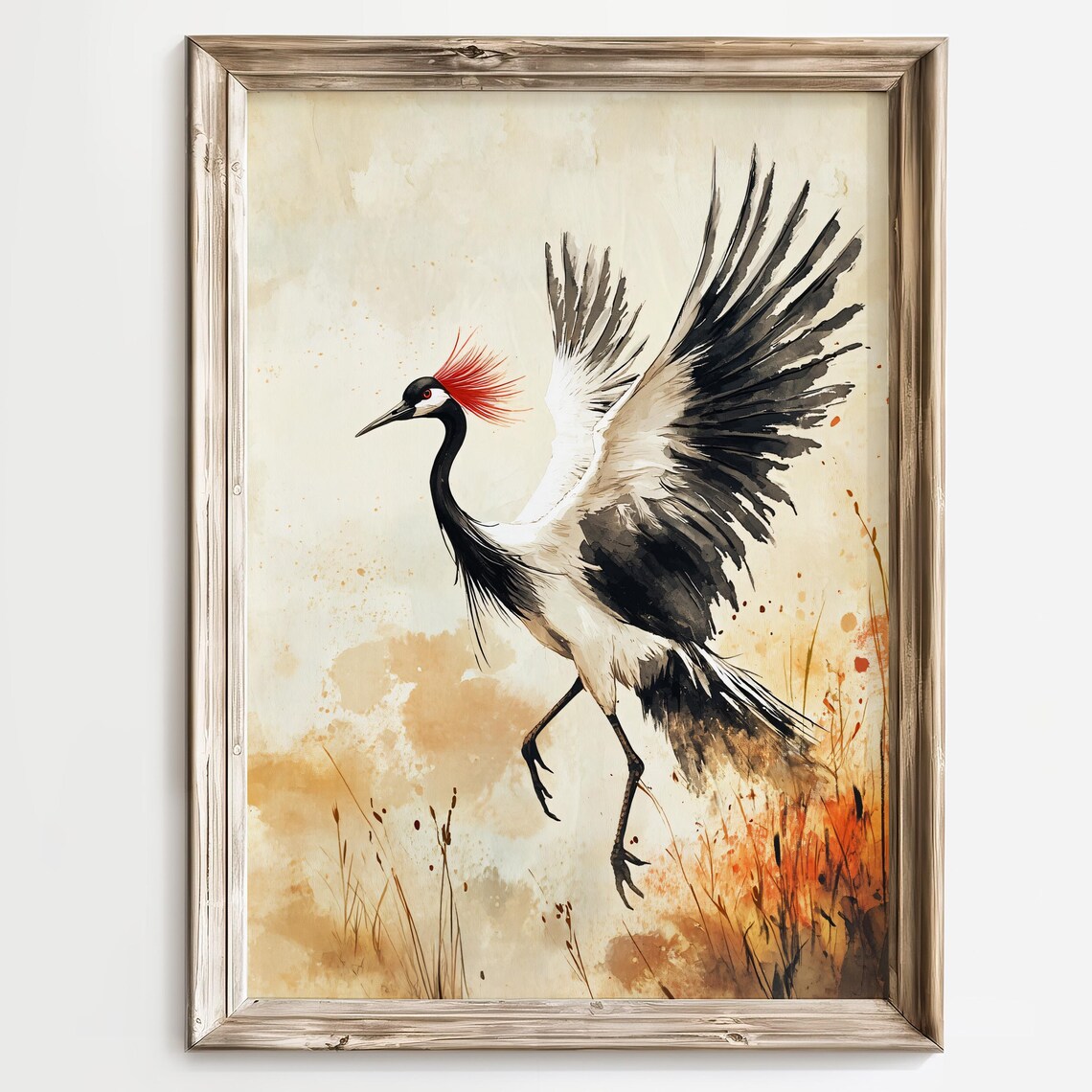 Red Crowned Crane Dancing Watercolor Japanese Bird Painting Poster - Image 3