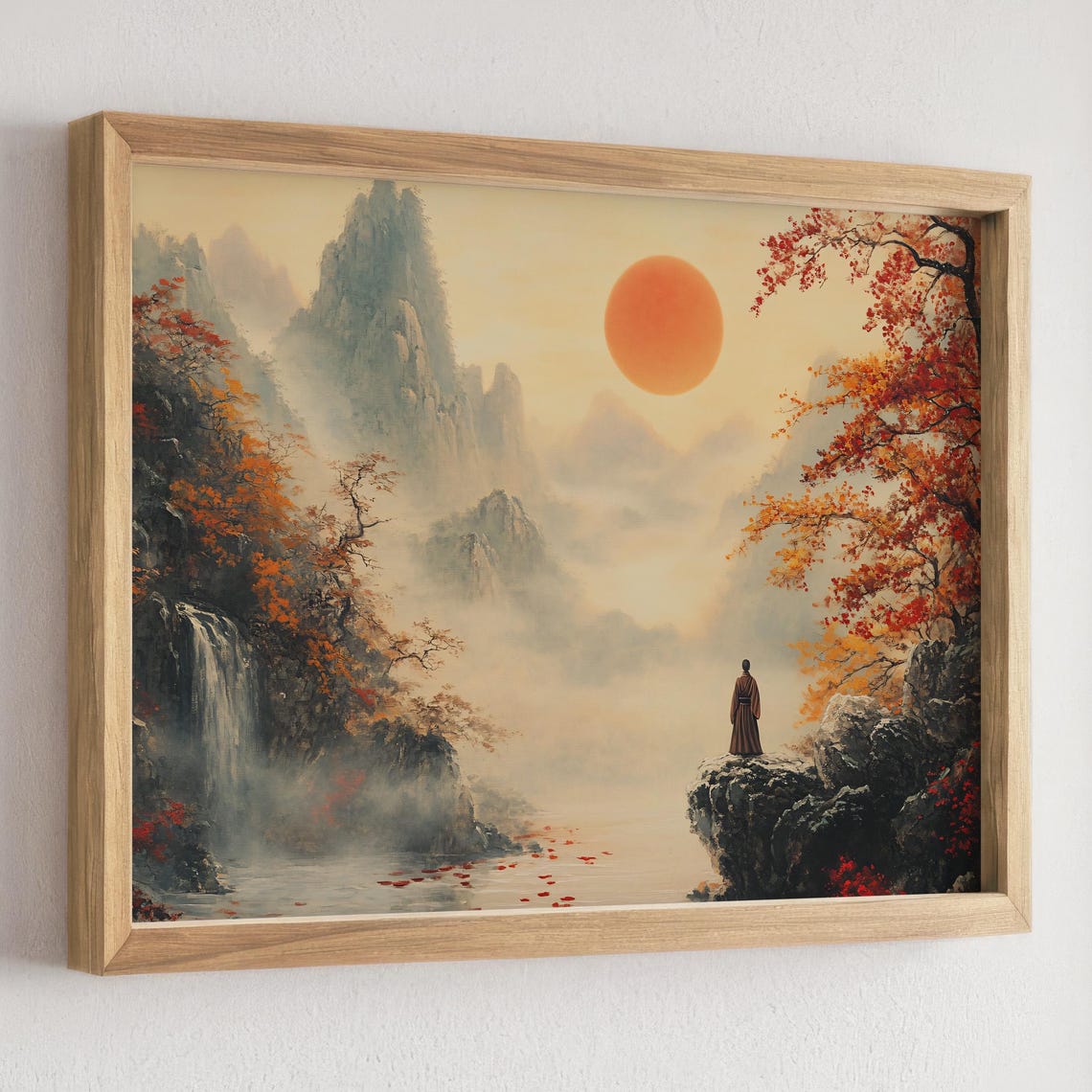 Red Sun Over Waterfall Misty Autumn Mountains Zen Travel Scene Poster - Image 4