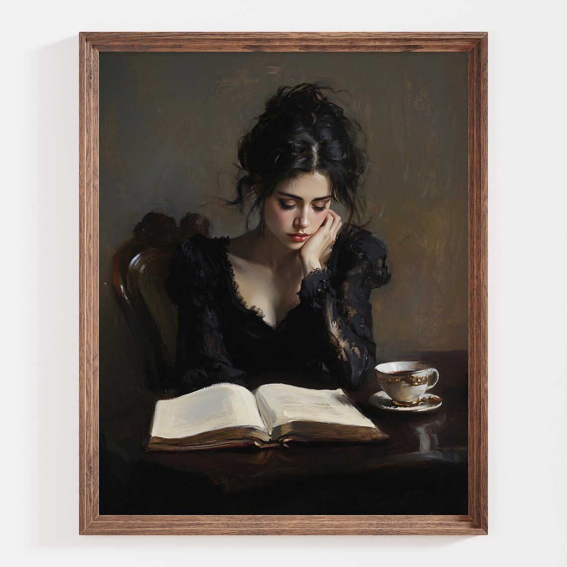 Moody Woman in Black Reading a Book With a Coffee Cup Vintage Poster - Image 3