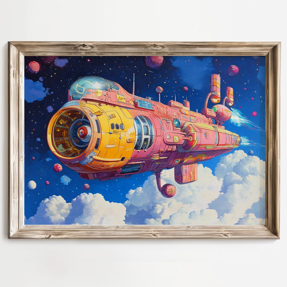 Colorful Retro Rocket Ship Soaring Through Clouds Space Poster - Image 2