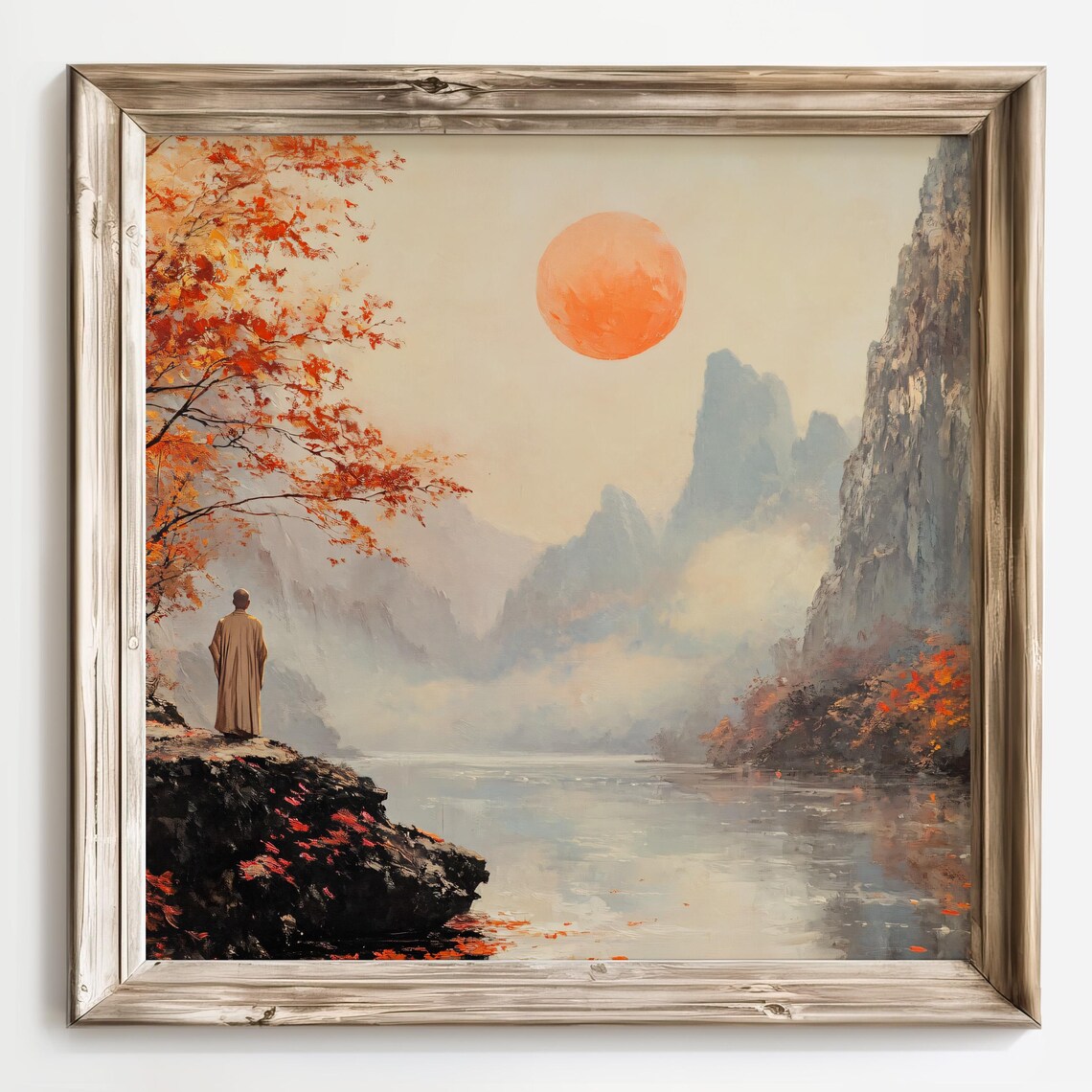 Autumn Red Sun Over Misty Mountains Lone Monk Zen Landscape Poster - Image 2