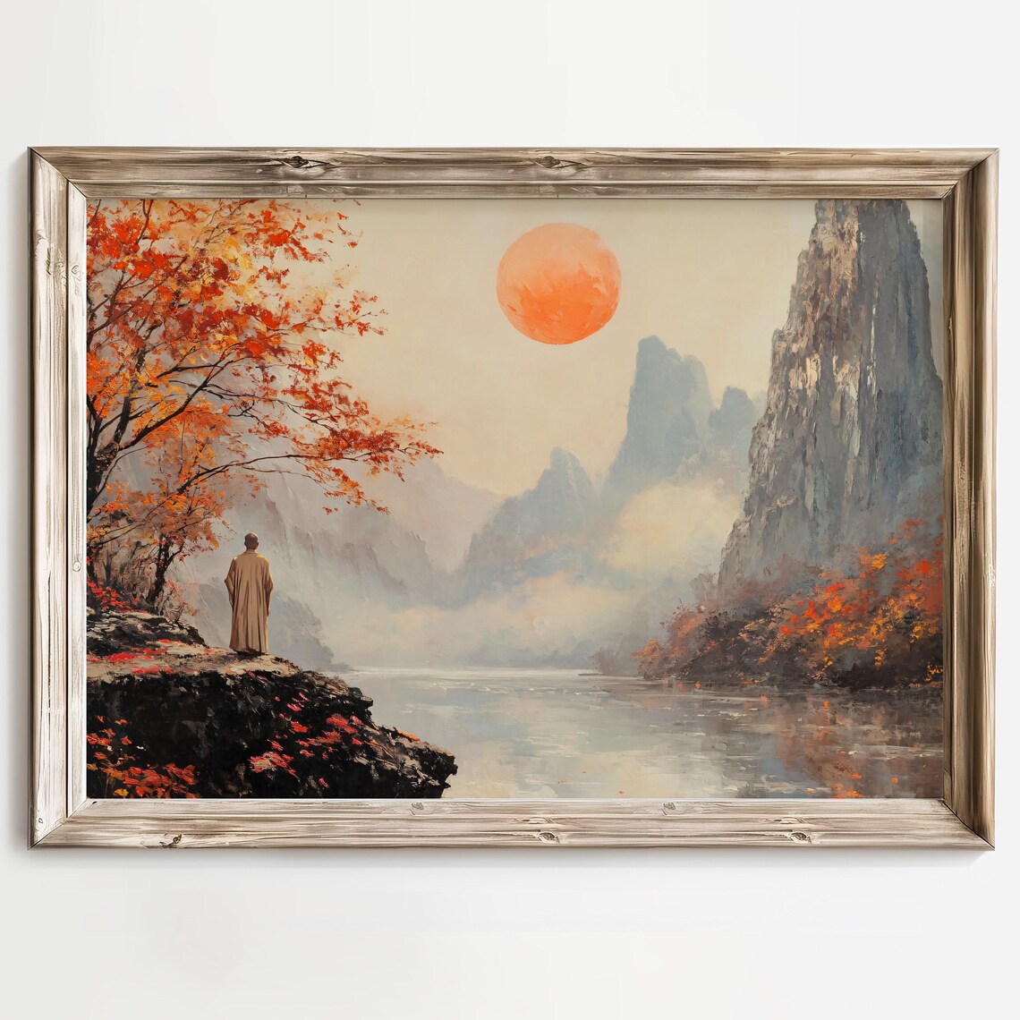 Autumn Red Sun Over Misty Mountains Lone Monk Zen Landscape Poster - Image 4