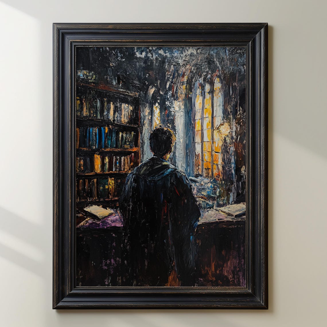 Scholar at a Desk in a Gothic Library by Window Light Poster