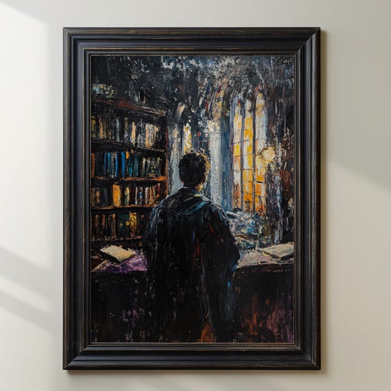 Dark Academia Wall Art Gothic Library Scene Print Atmospheric Study Artwork Vintage Scholar Decor Candlelit Writing Room Painting