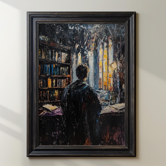 Scholar at a Desk in a Gothic Library by Window Light Poster