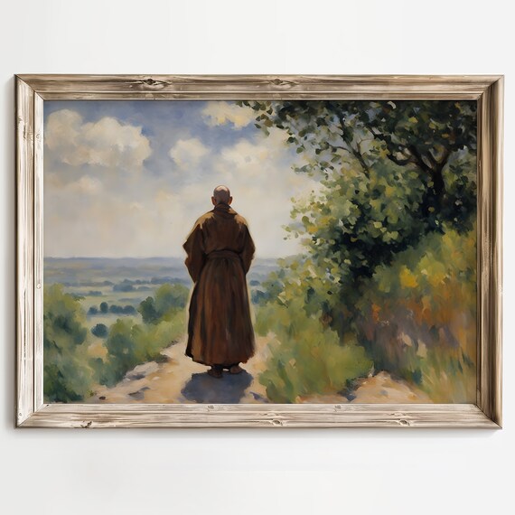 Monk Standing on a Hill Path Overlooking a Misty Valley Poster