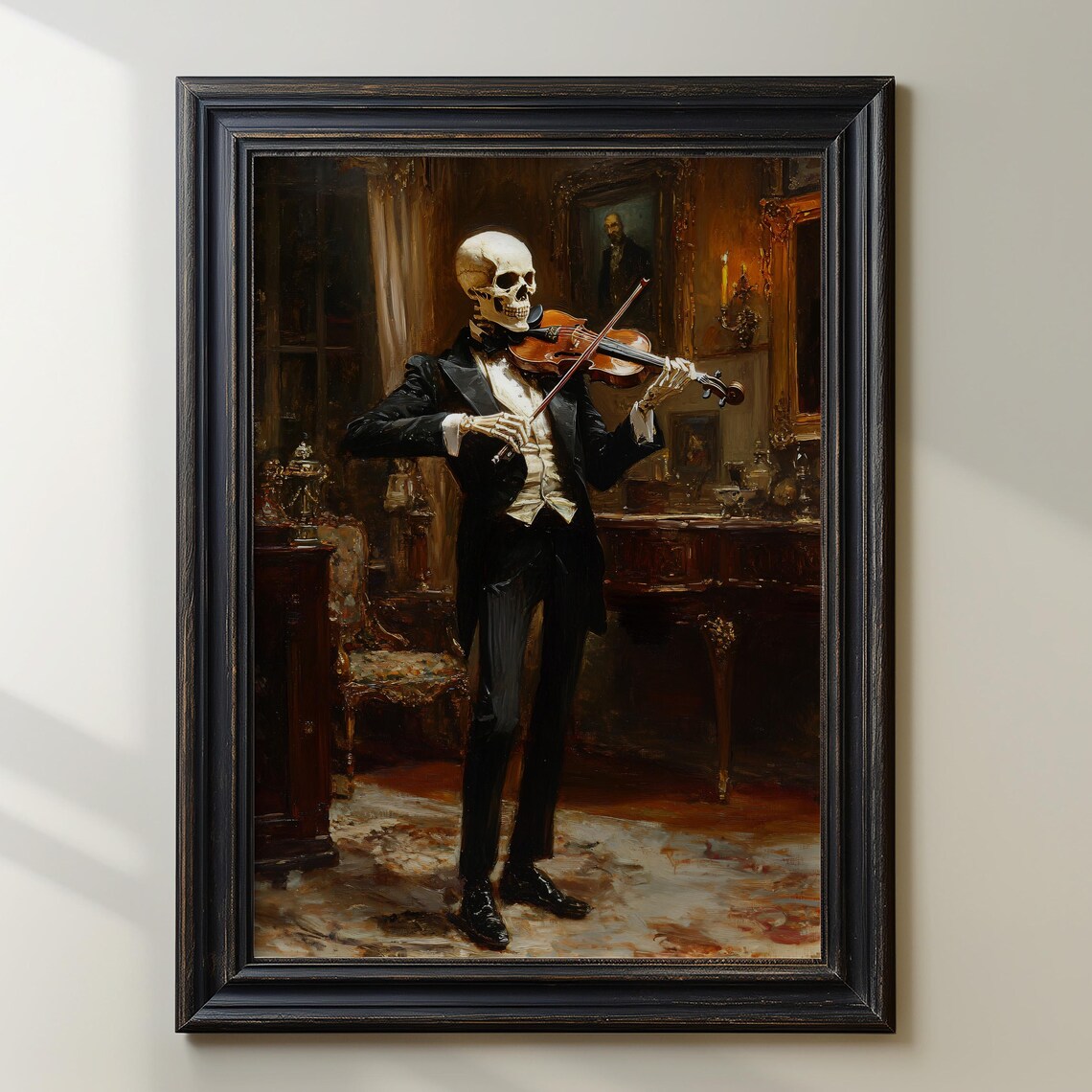 Elegant Skeleton Violinist in a Tuxedo Gothic Oil Painting Poster - Image 3