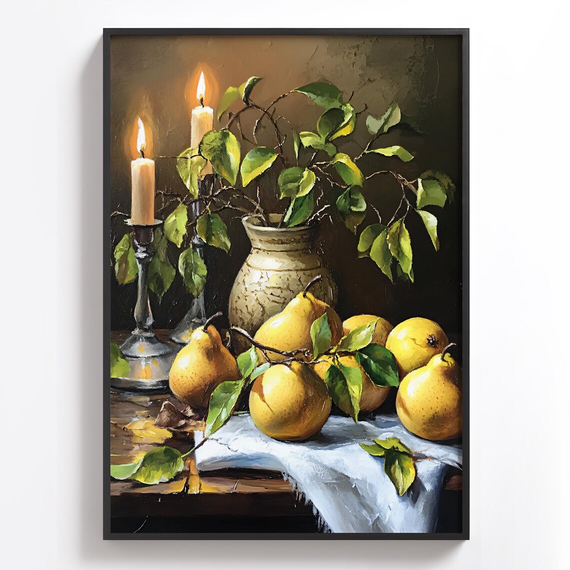 Golden Pears and Candlelight Cozy Harvest Still Life Art Poster - Image 2