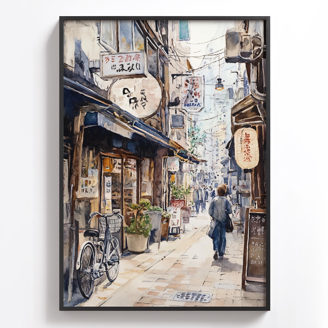 Tokyo Alleyway Watercolor with Bicycle and Shop Signs Poster