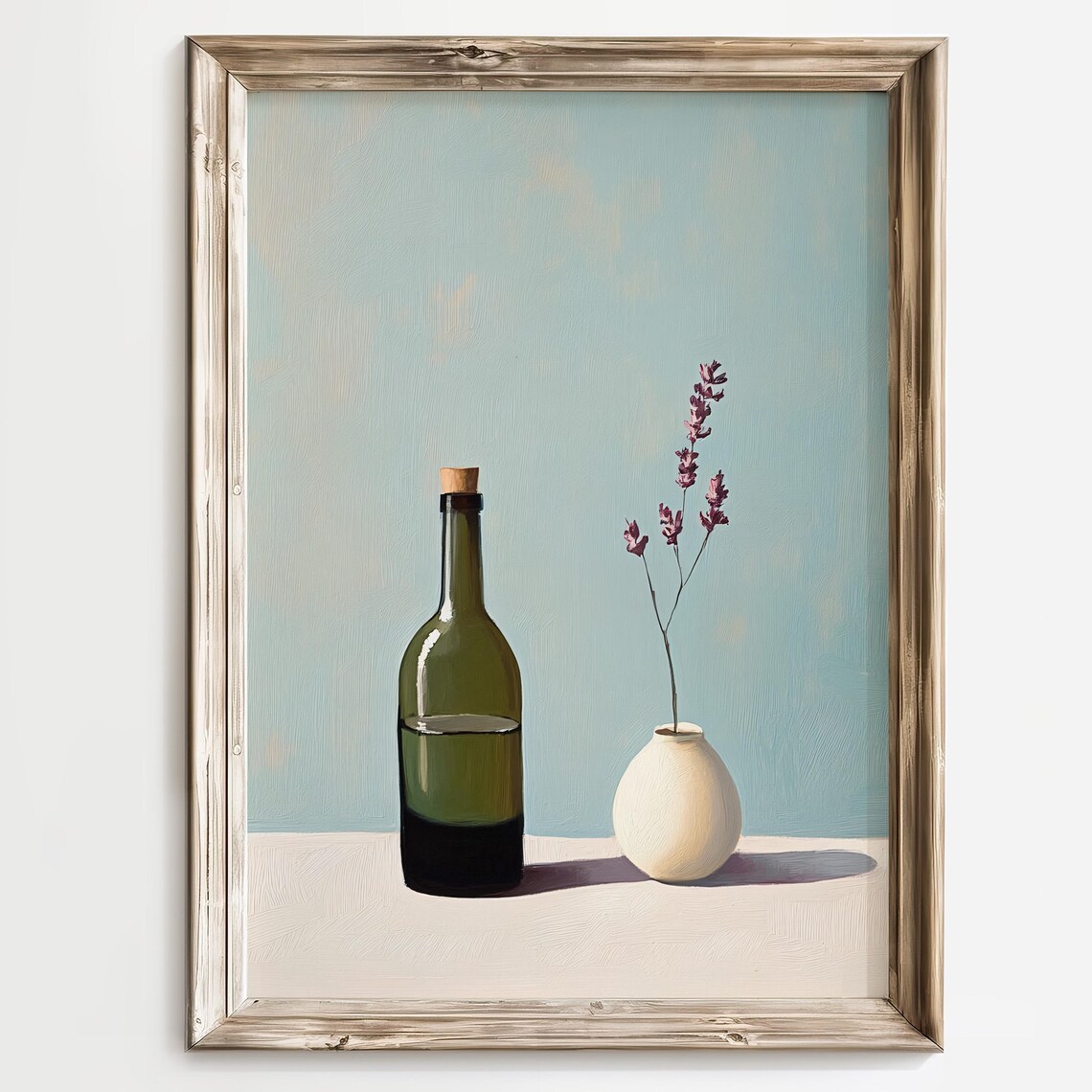 Green Glass Bottle and Blooming Vase Simple Still Life Art Poster - Image 3