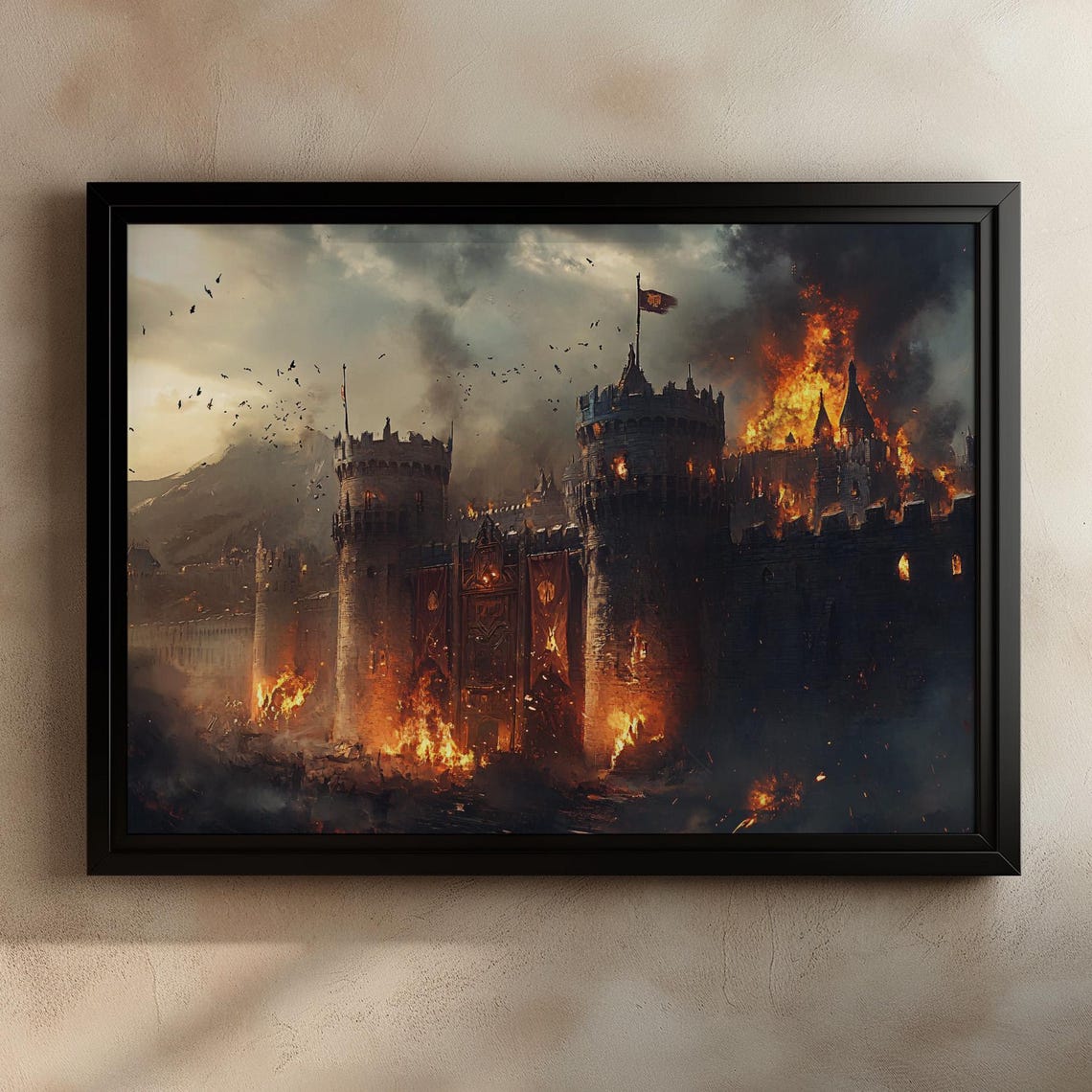 Epic Medieval Castle Under Siege Dramatic Fantasy Art Print Burning Fortress Wall Decor Fantasy Battle Scene Dark Medieval Artwork - Image 2