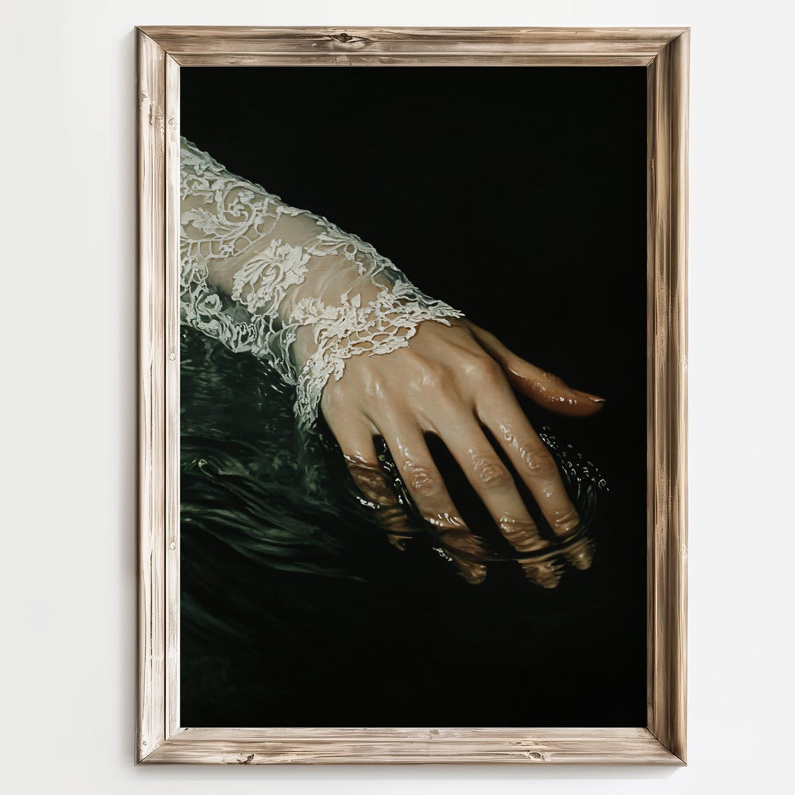 Elegant Hand in a Lace Sleeve Touching Dark Water Art Poster - Image 2