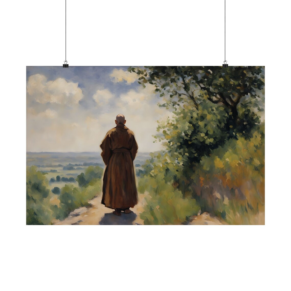 Monk Standing on a Hill Path Overlooking a Misty Valley Poster - Image 2
