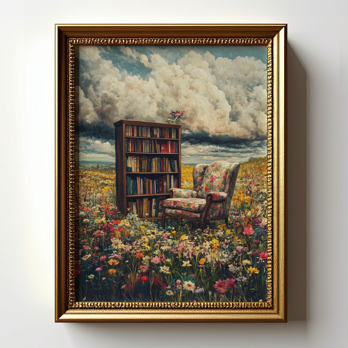 Vintage Library Floral Bookshelf Poster Print - Image 3