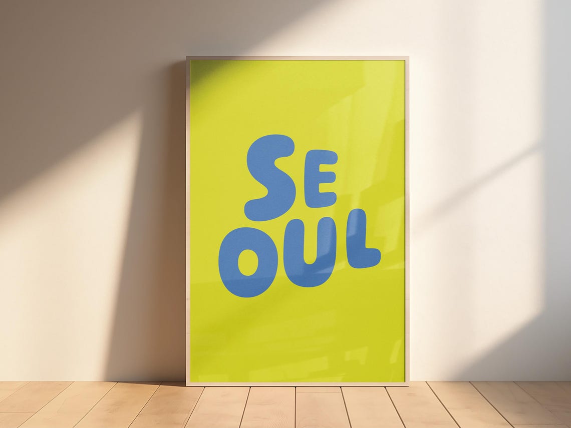 Seoul South Korea Playful Stacked Typography Blue On Lime Art Poster