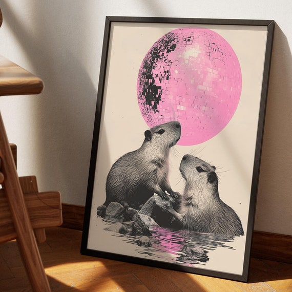 Capybara Disco Ball Moon Poster Funky 70s Print Retro Capybara Wall Art Cool Collage Sparkly Moon Dorm Room Art Animal Lover Gift Kids Room