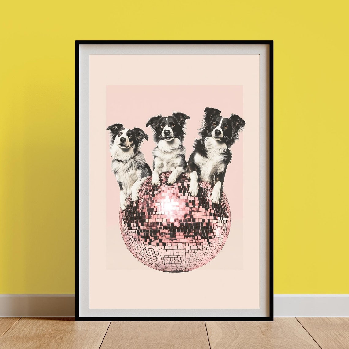 Border Collie Trio Posing on a Pink Disco Ball 70s Funky Retro Poster