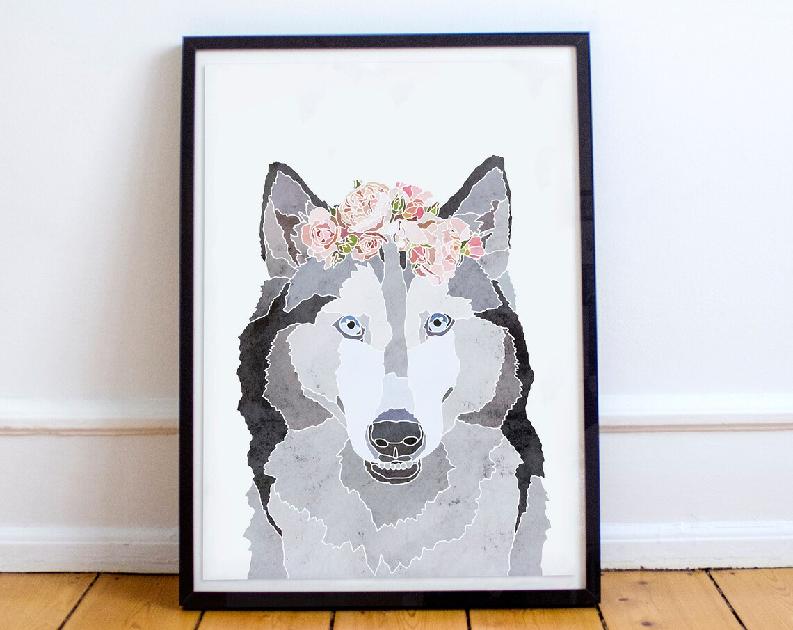 Siberian Husky Wearing Flower Crown Watercolor Mosaic Dog Art Poster