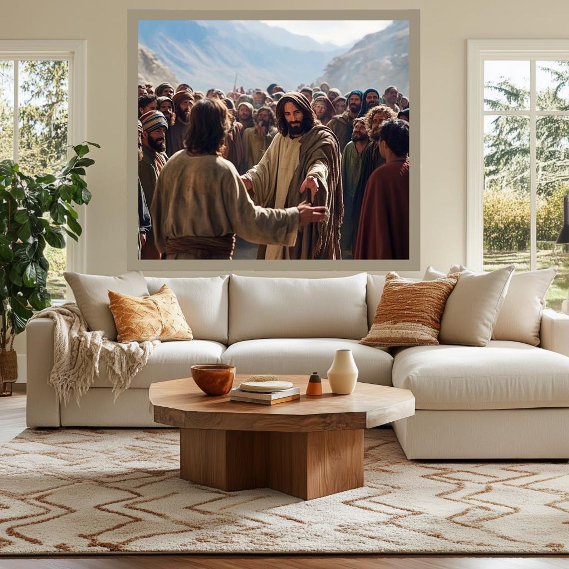 Jesus Reaching Out to a Follower Before a Mountain Crowd Poster - Image 3