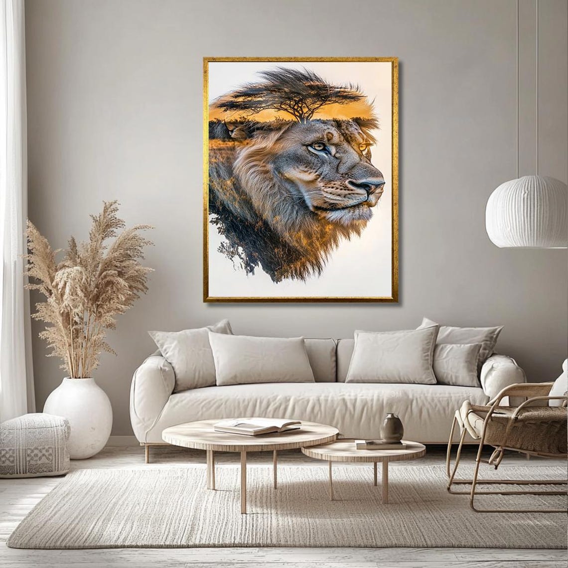 Majestic Lion Double Exposure African Sunset Savanna Art Print - Image 2