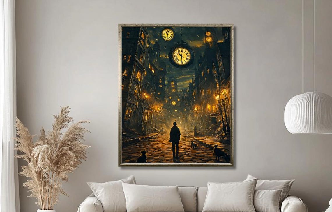 Steampunk Clockwork City Street Glowing Giant Clocks Night Poster