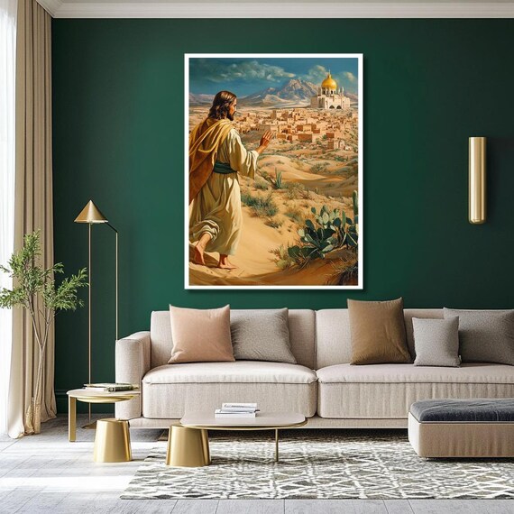 Jesus Praying Over Jerusalem City Golden Dome Desert View Poster