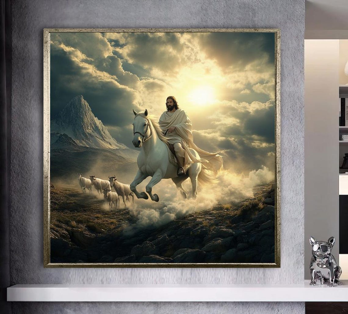 Jesus Christ Riding White Horse Leading His Sheep Divine Poster