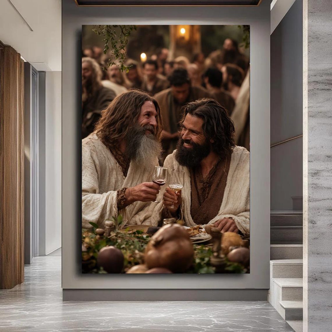 Joyful Biblical Feast Poster: Two Friends Toasting Wine at Celebration