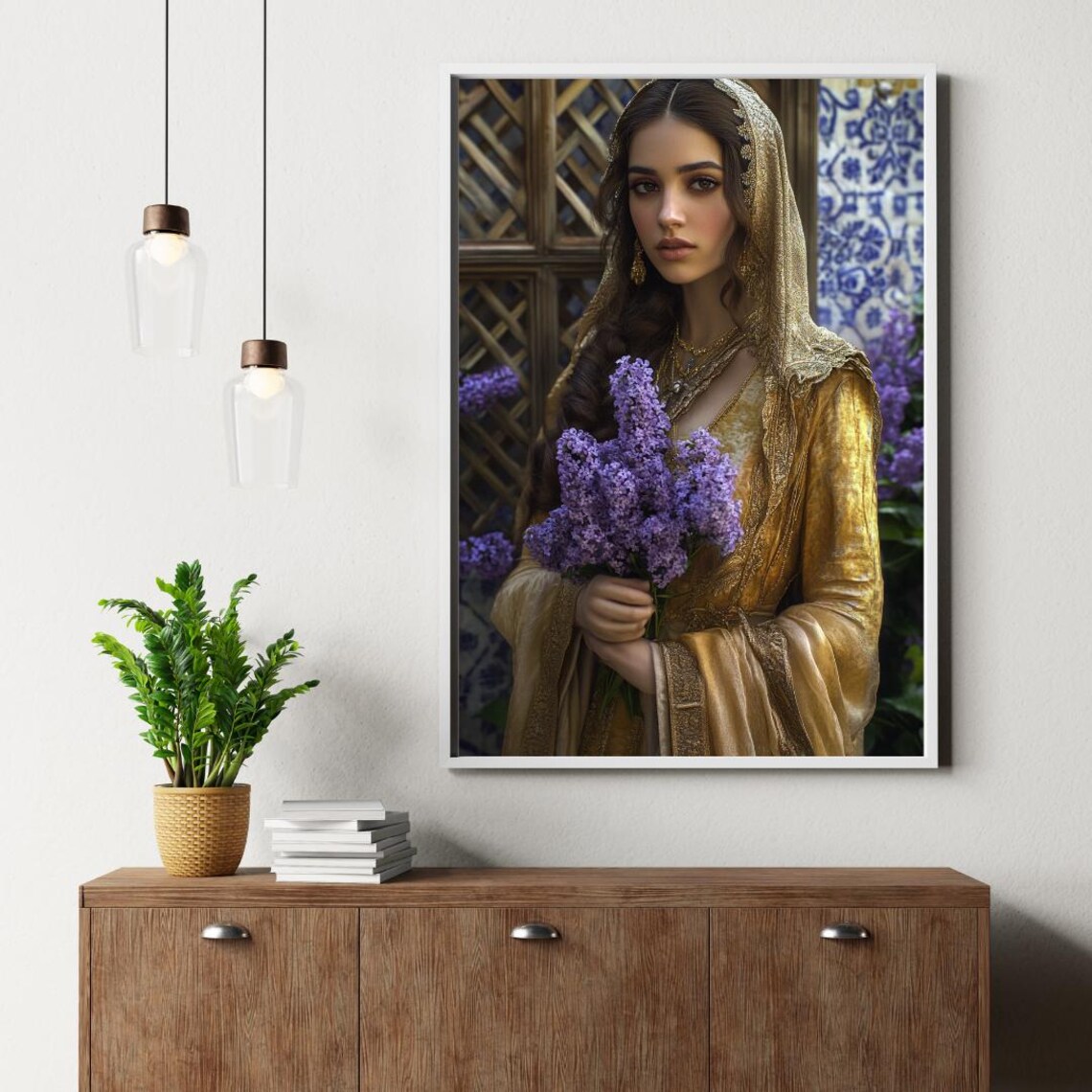 Golden Dress Princess with Lilac Bouquet and Blue Tile Art Poster - Image 3