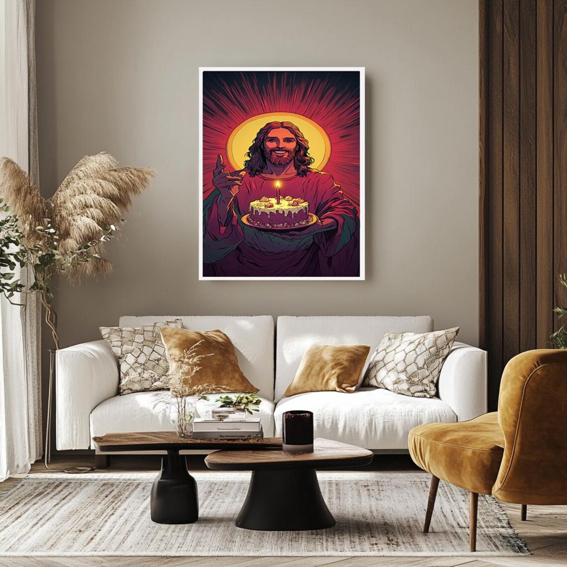 Smiling Jesus Holding Birthday Cake Religious Pop Art Poster For Celebrations - Image 2