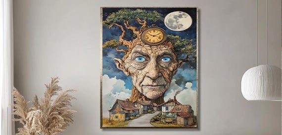Whimsical Tree Spirit Art Enchanted Face With Clock And Village Scene Fantasy Wall Decor For Imaginative Spaces