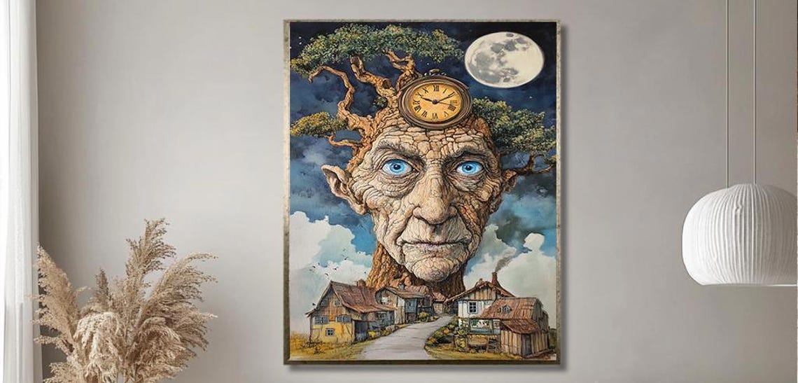 Whimsical Tree Spirit Art Enchanted Face With Clock And Village Scene Fantasy Wall Decor For Imaginative Spaces