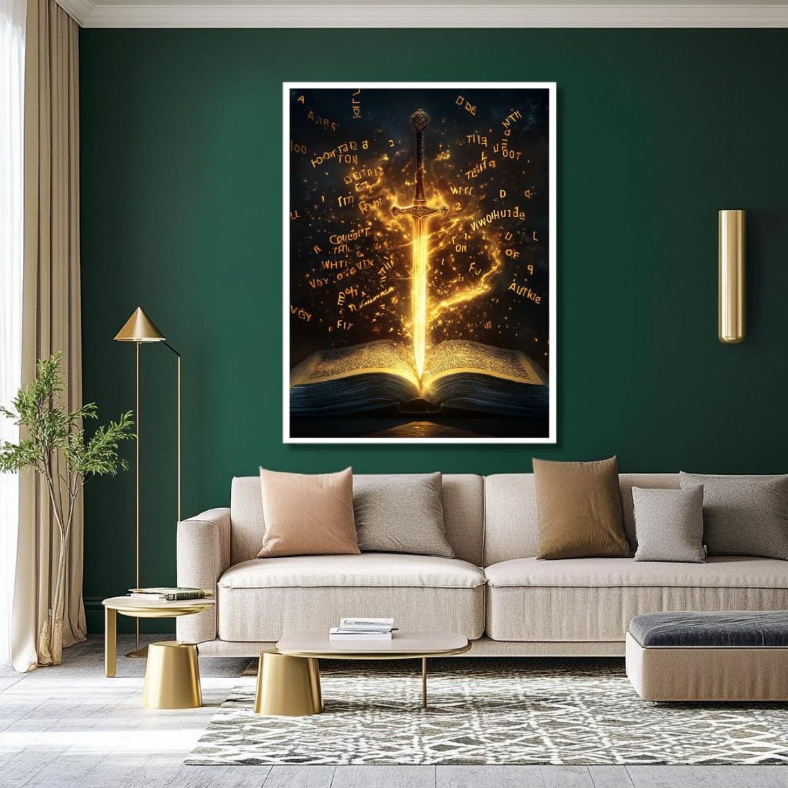 Glowing Magic Sword Rising From an Open Book With Golden Runes Poster