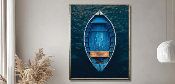 Rustic Blue Rowboat Wall Art Top View Nautical Decor Vintage Coastal Boat Print For Living Room Or Office Ocean Inspired