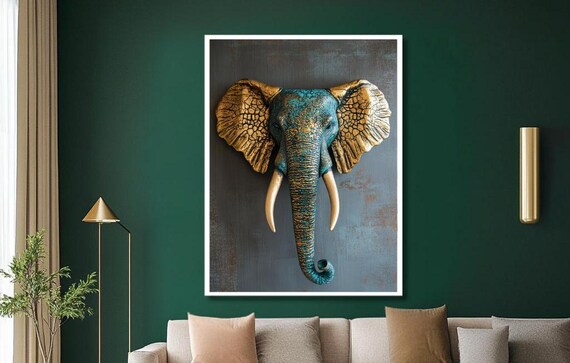 Regal Teal And Gold Elephant Head Textured Wildlife Poster For Living Room Decor